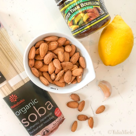 (Vegan) Lemon Almond Pesto over Buckwheat Soba Noodles; High Protein, Happy Belly